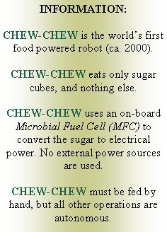 Text Box: INFORMATION:CHEW-CHEW is the worlds first food powered robot (ca. 2000).CHEW-CHEW eats only sugar cubes, and nothing else.CHEW-CHEW uses an on-board Microbial Fuel Cell (MFC) to convert the sugar to electrical power. No external power sources are used.CHEW-CHEW must be fed by hand, but all other operations are autonomous.