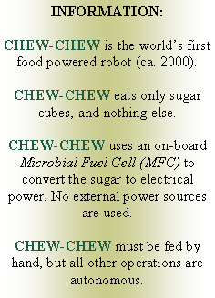 Text Box: INFORMATION:CHEW-CHEW is the world�s first food powered robot (ca. 2000).CHEW-CHEW eats only sugar cubes, and nothing else.CHEW-CHEW uses an on-board Microbial Fuel Cell (MFC) to convert the sugar to electrical power. No external power sources are used.CHEW-CHEW must be fed by hand, but all other operations are autonomous.